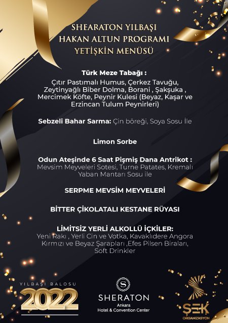 Sheraton Ankara Yılbaşı Menüsü 2022